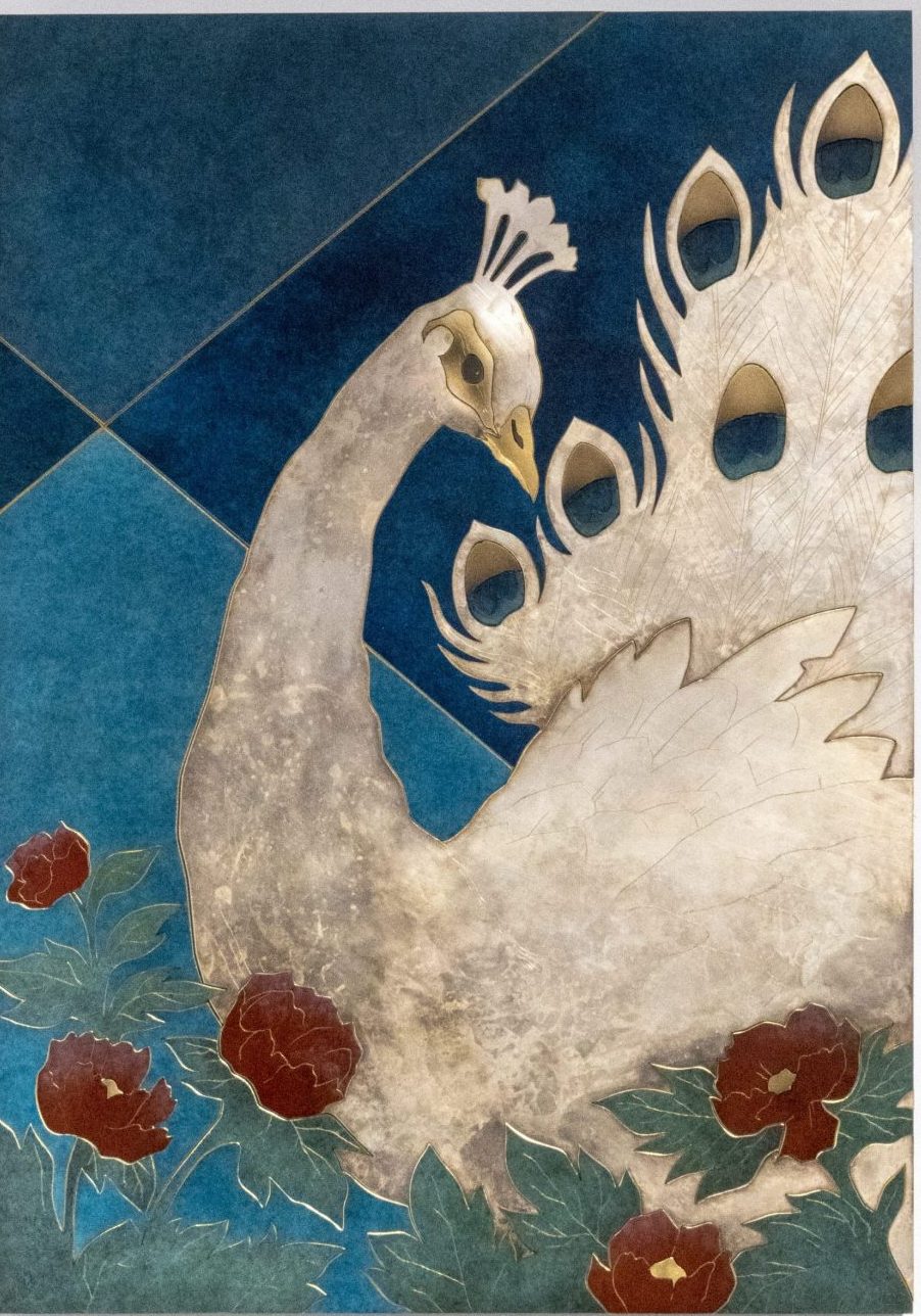 paon, tableau sur métal, patine, gravure sur métal, Cartier Tokyo, Ryo Hikosaka 