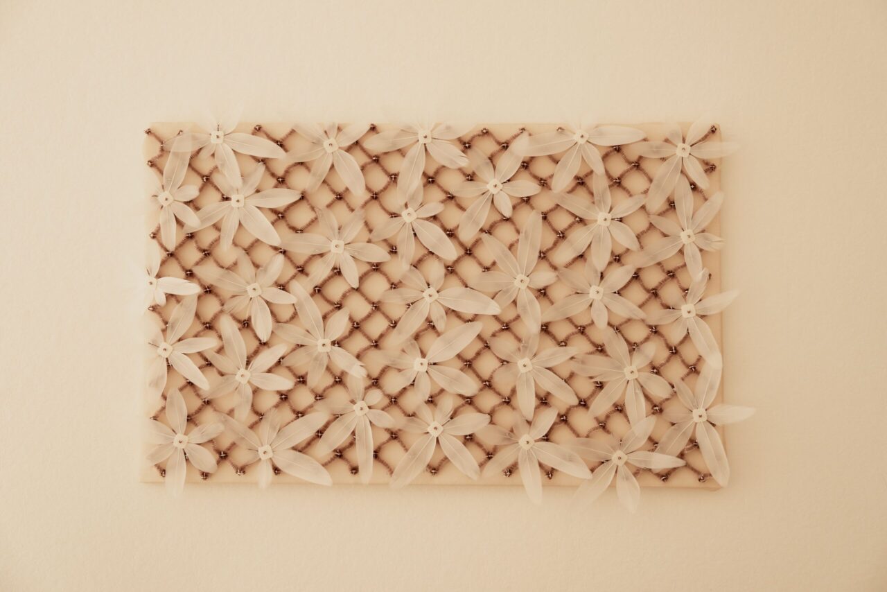 Embroidery, feather, flower pattern, French Artist, Lucile Vilaine 